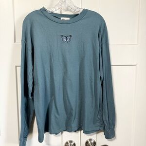 Nova Vintage teal Blue Long Sleeve  t-Shirt with Butterfly Embroidery size large